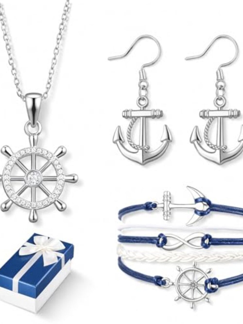 3 Pcs Collection Nautical Anchor Shaped Necklace Ears Bracelet with